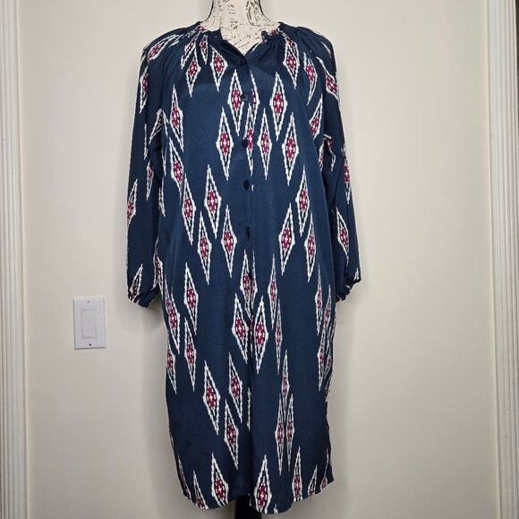 TUCKER Navy and Red Geometric Aztec Pattern Dress Long Sleeve Button Front Sz S - Picture 2 of 14